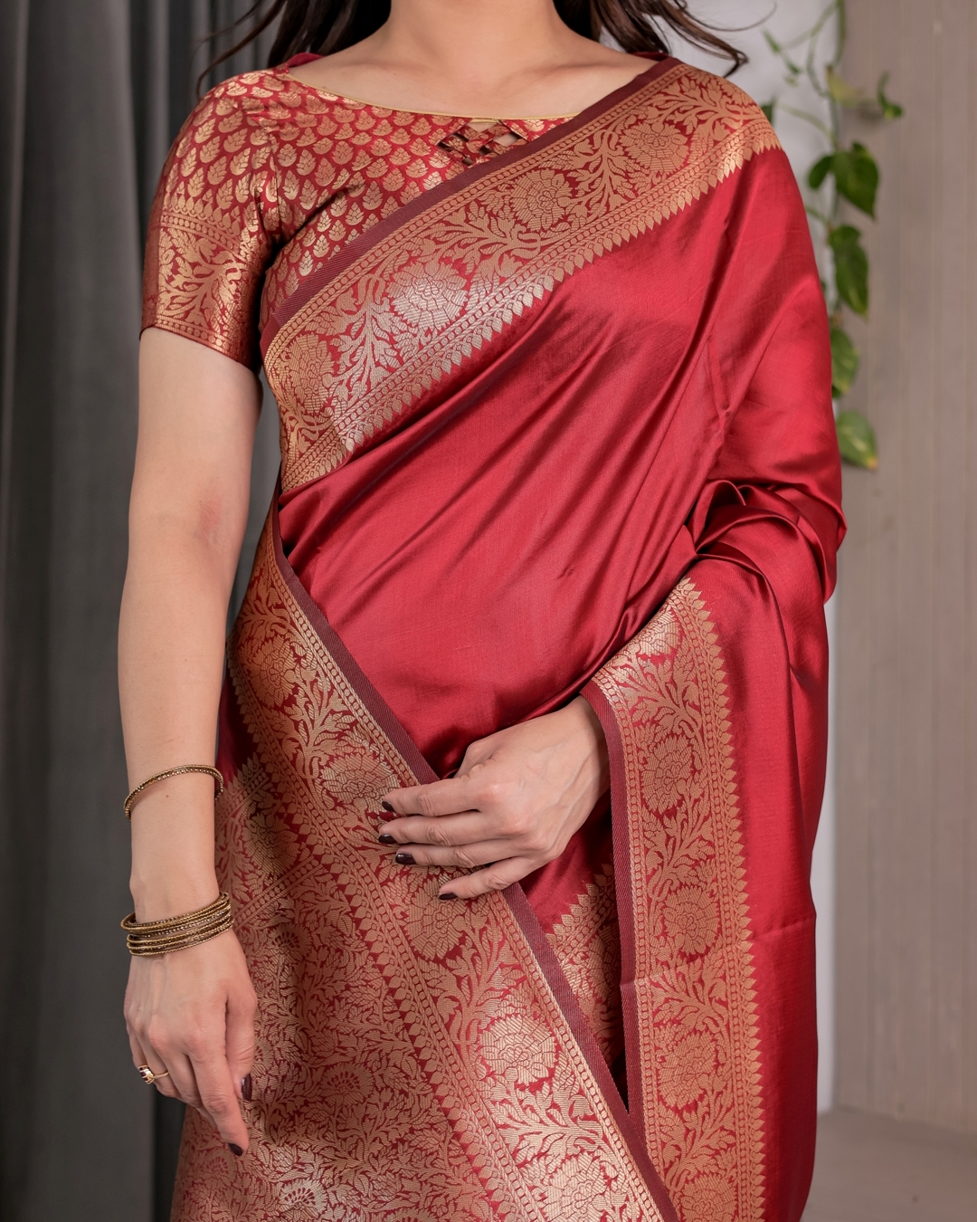 Red Banarasi Silk Saree With Rich Golden Zari Floral Border