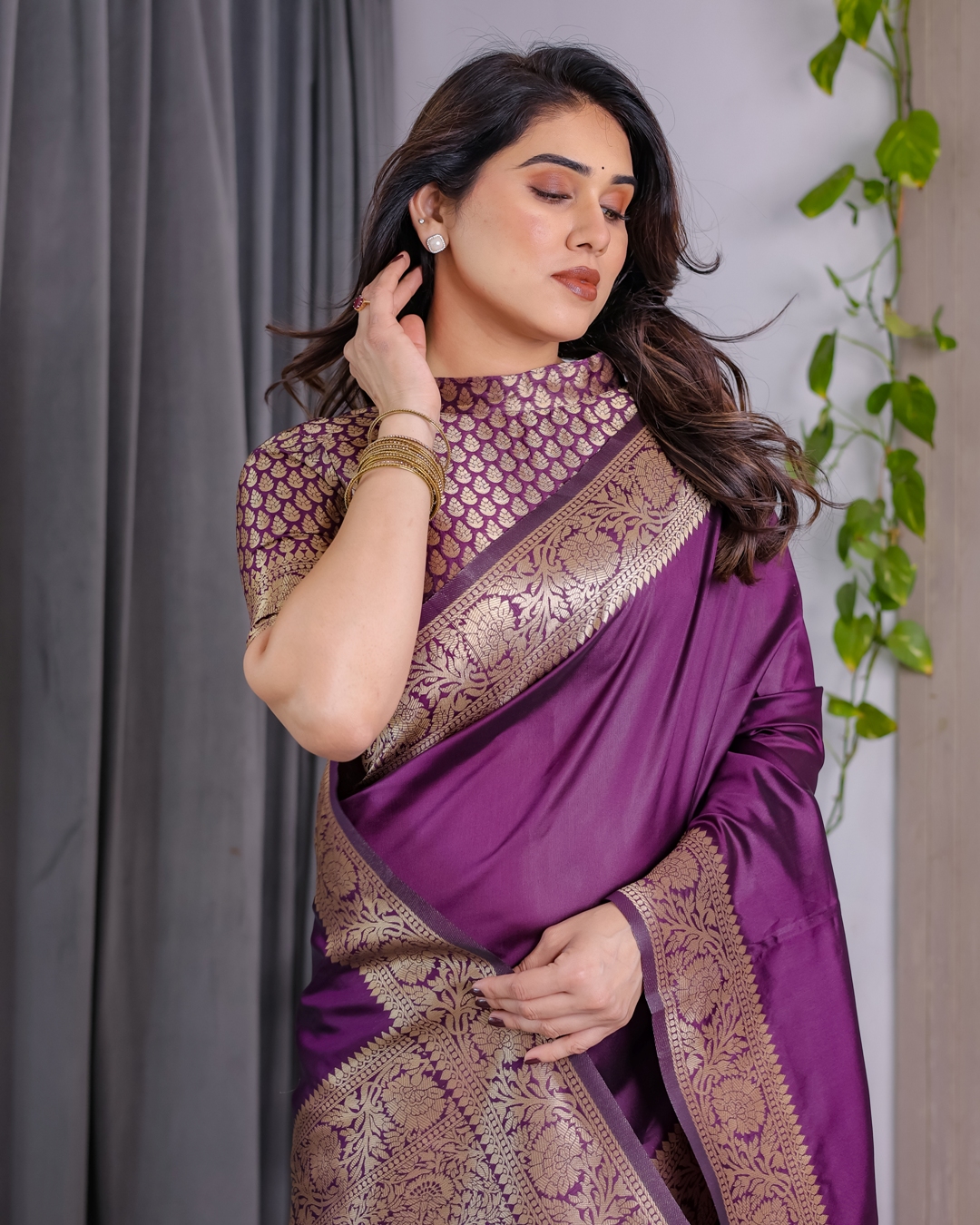 Royal Purple Banarasi Soft Silk Saree With Floral Zari Work - Wine, Purple, Plum, Berry