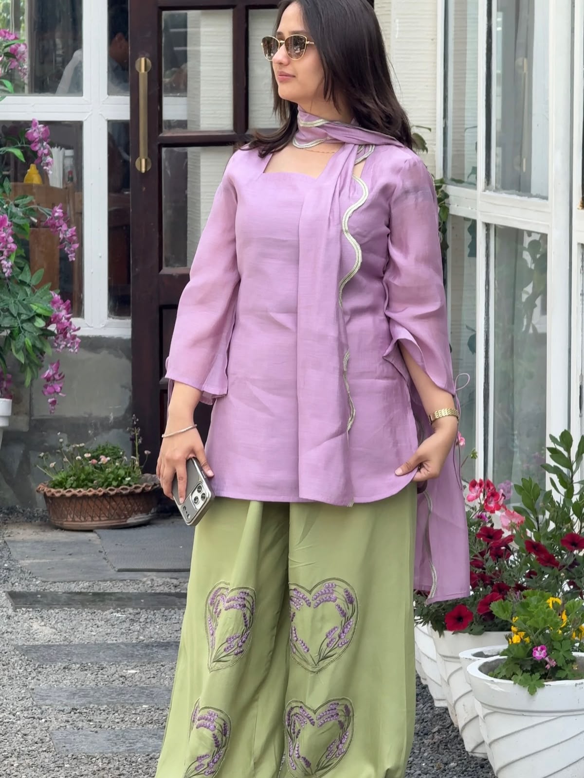 Lavender Chanderi Kurta with Olive Embroidered Palazzo Suit