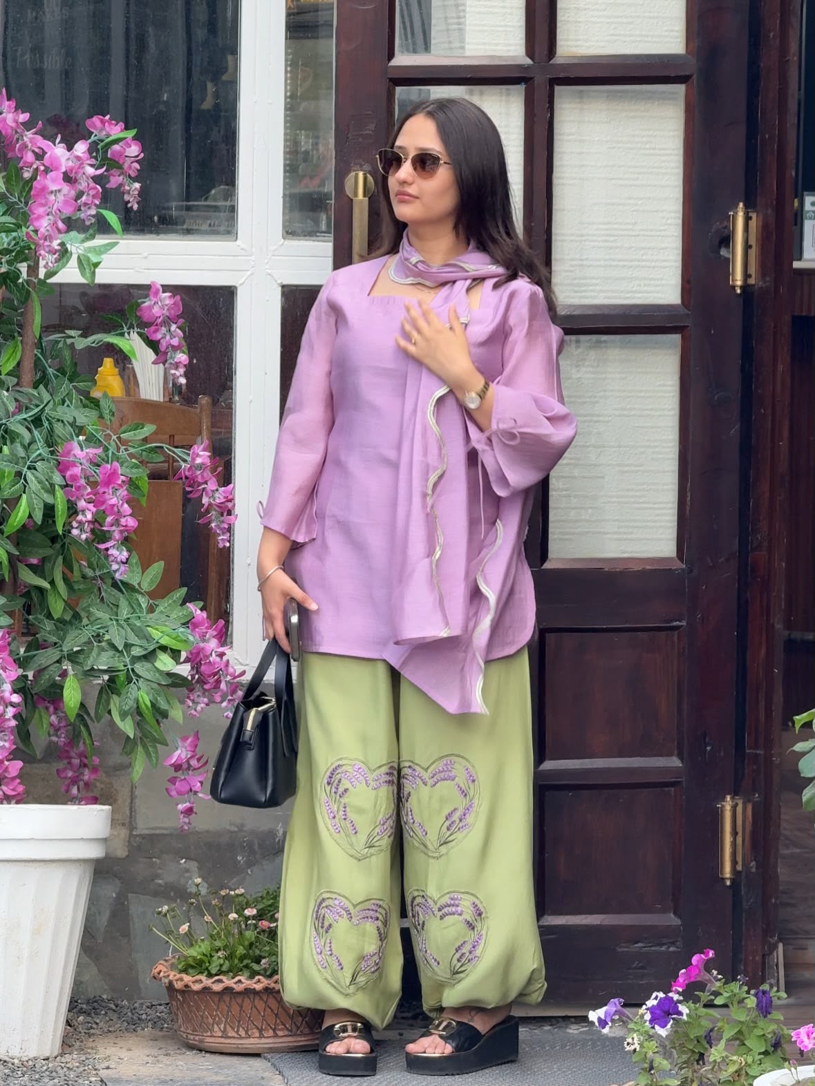 Lavender Chanderi Kurta with Olive Embroidered Palazzo Suit