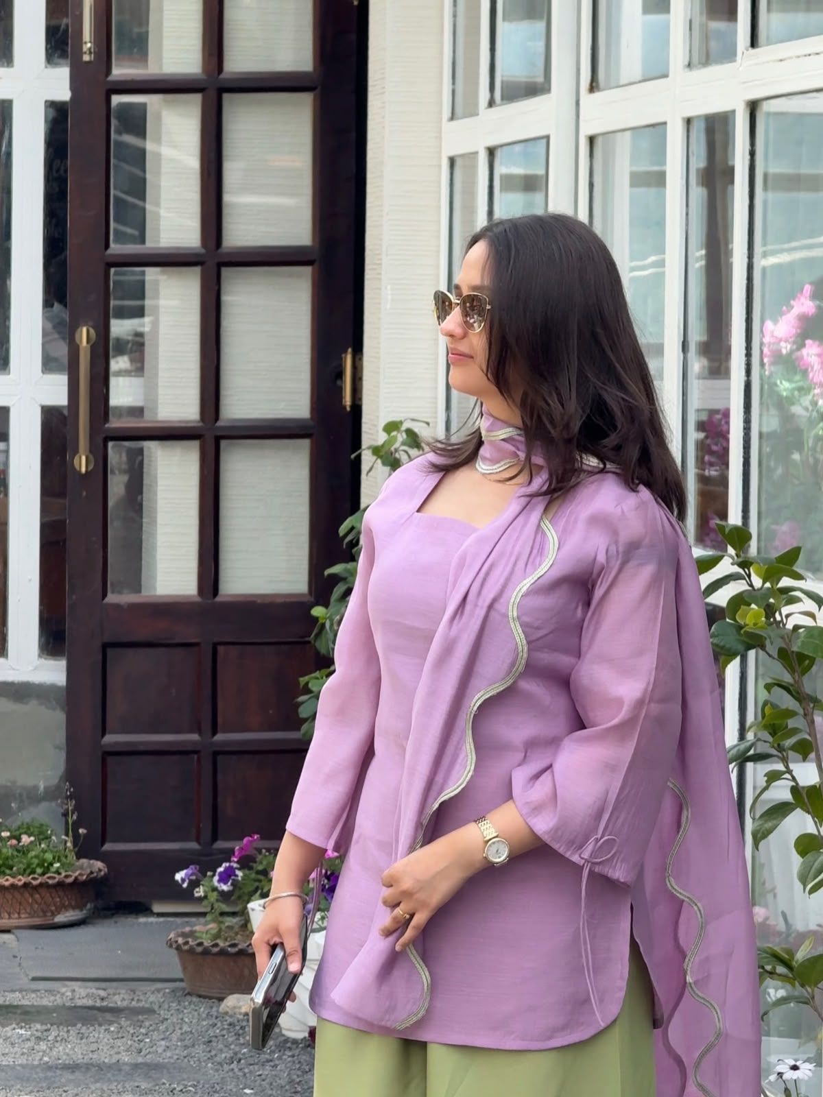 Lavender Chanderi Kurta with Olive Embroidered Palazzo Suit